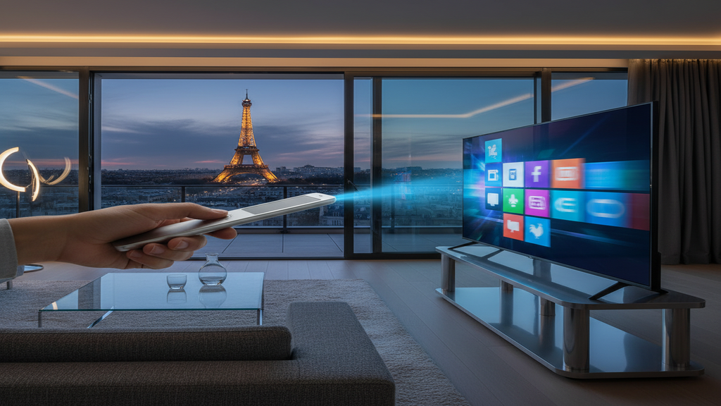 Un salon moderne avec un abonnement IPTV 12 mois affiché sur une Smart TV.