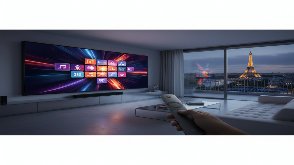 Un écran de Smart TV affichant un menu de sélection pour un abonnement IPTV 4K.