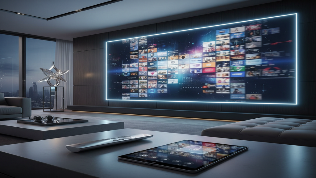 Un écran de Smart TV affichant une mosaïque de chaînes pour illustrer les abonnements IPTV.