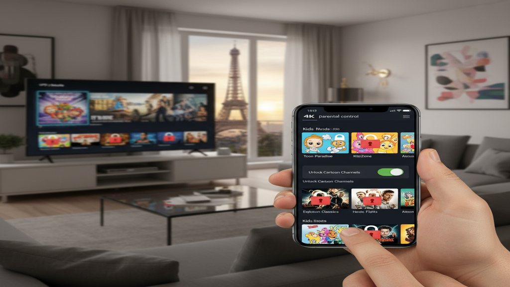 Un cadenas protégeant une télécommande de Smart TV, illustrant les applications IPTV avec contrôle parental.