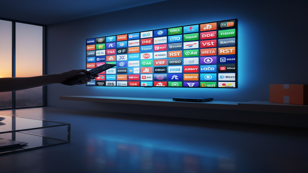 Un boîtier IPTV avec une télécommande posé à côté d'un logo de mise en garde contre les offres AliExpress