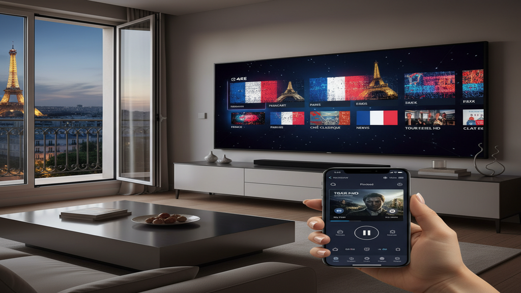 Un écran de Smart TV affichant une mosaïque de chaînes françaises en HD via un fournisseur IPTV