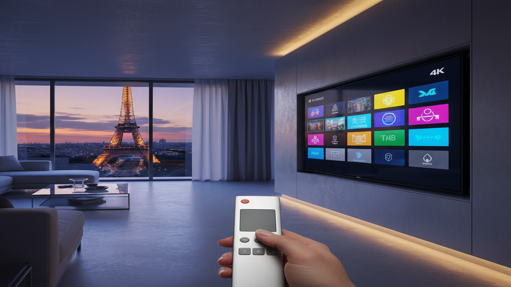 Un écran de télévision affichant une mosaïque de chaînes, illustrant un IPTV abonnement premium de qualité.