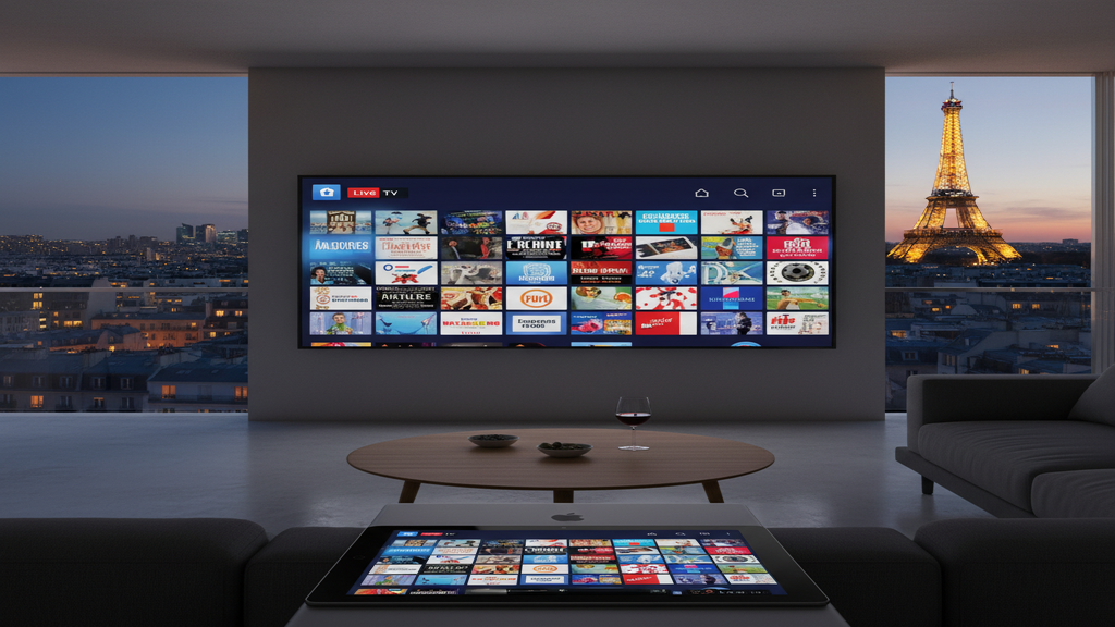 Un écran de Smart TV affichant une mosaïque de chaînes pour illustrer les meilleures offres d'abonnement IPTV en France.