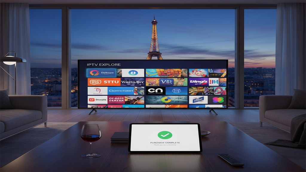Personne utilisant une télécommande pour choisir où acheter un abonnement IPTV sur sa Smart TV.