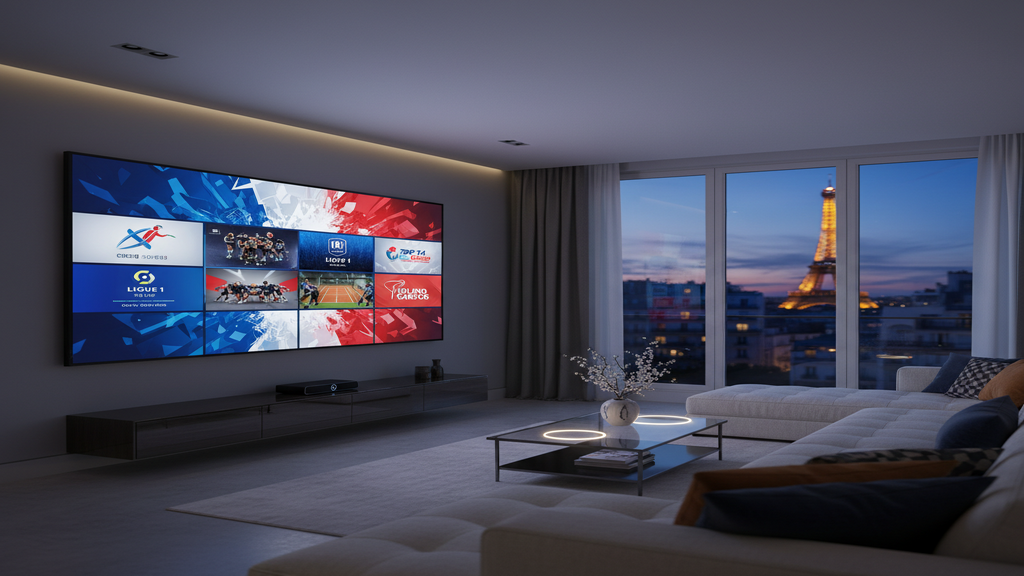Un écran de télévision affichant les logos des chaînes sportives françaises disponibles via un abonnement IPTV.