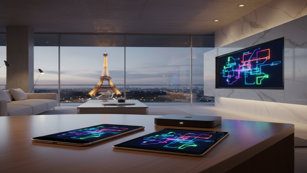 Illustration montrant les différents équipements compatibles avec un abonnement IPTV : Smart TV, boîtier, smartphone.