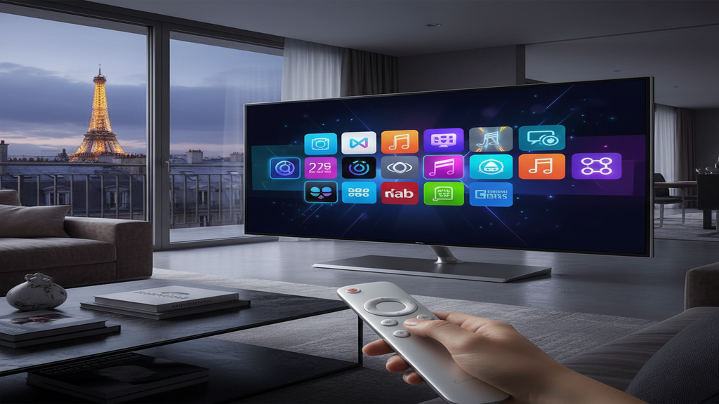 Logo d'applications IPTV affiché sur un écran de Smart TV moderne, illustrant la compatibilité des services IPTV