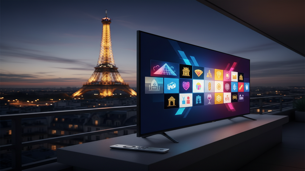 Un écran de Smart TV affichant une mosaïque de chaînes françaises via un service IPTV