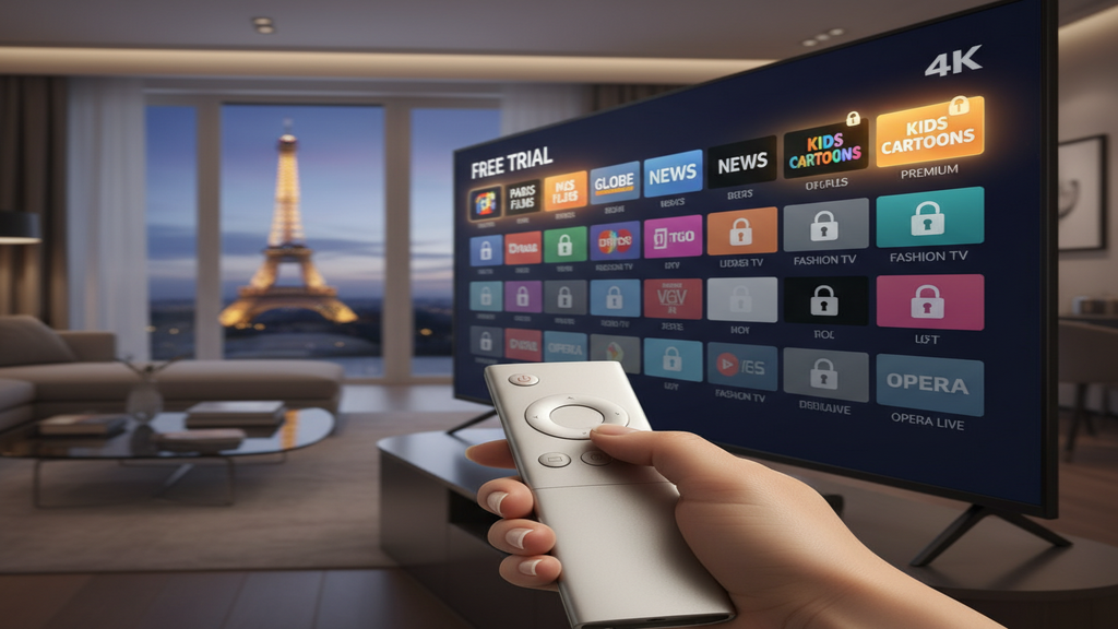 Personne tenant une télécommande devant une Smart TV affichant un menu pour tester un service IPTV gratuitement.